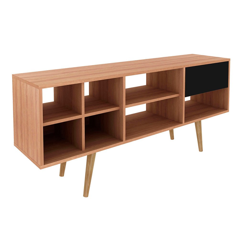 Rack de TV Chile Almendra y Negro 136x59.5cm para TV Hasta 55 Pulgadas con Ranuras para Cables y con Siete Compartimientos - Muebles para TV | Bylmo
