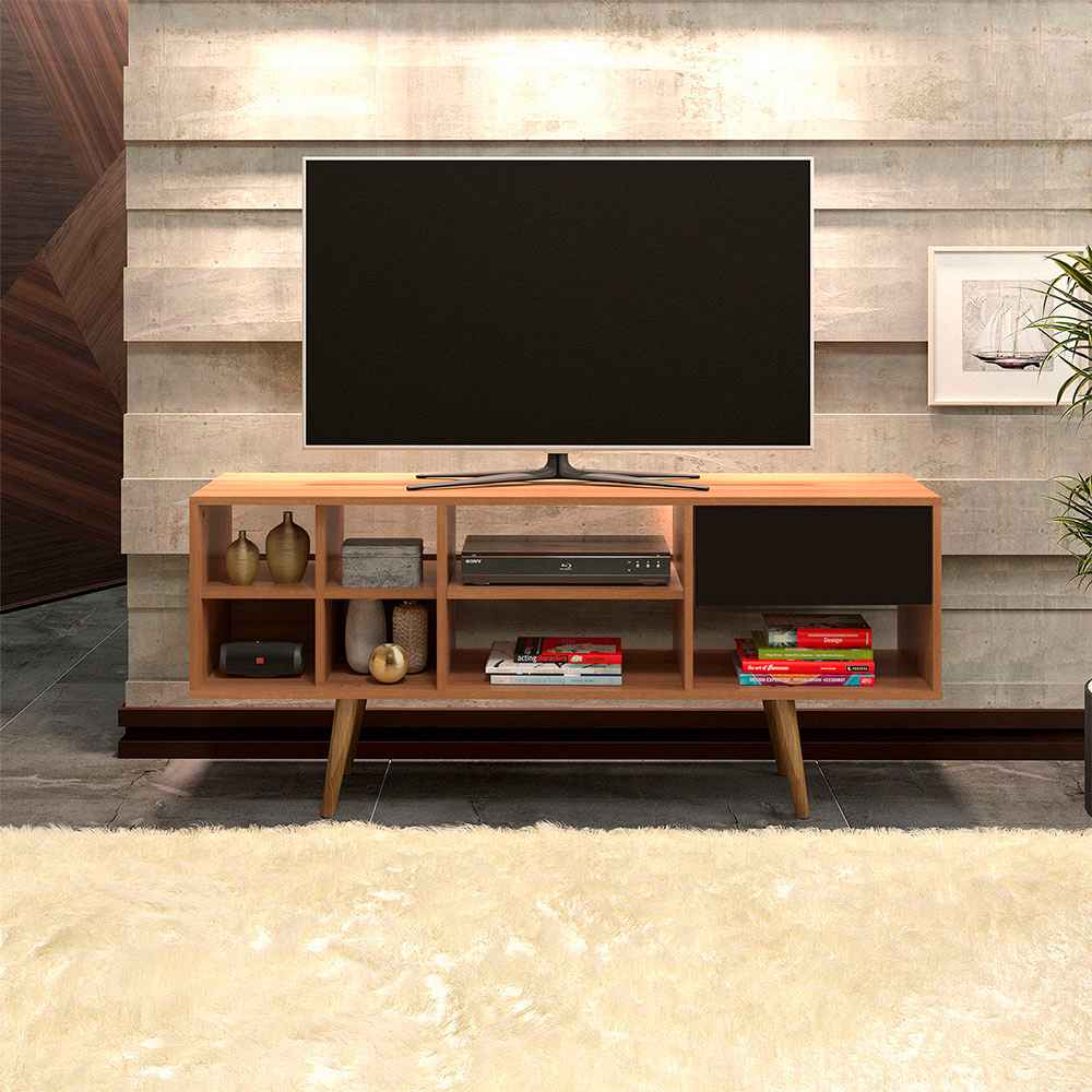 Rack de TV Chile Almendra y Negro 136x59.5cm para TV Hasta 55 Pulgadas con Ranuras para Cables y con Siete Compartimientos - Muebles para TV | Bylmo