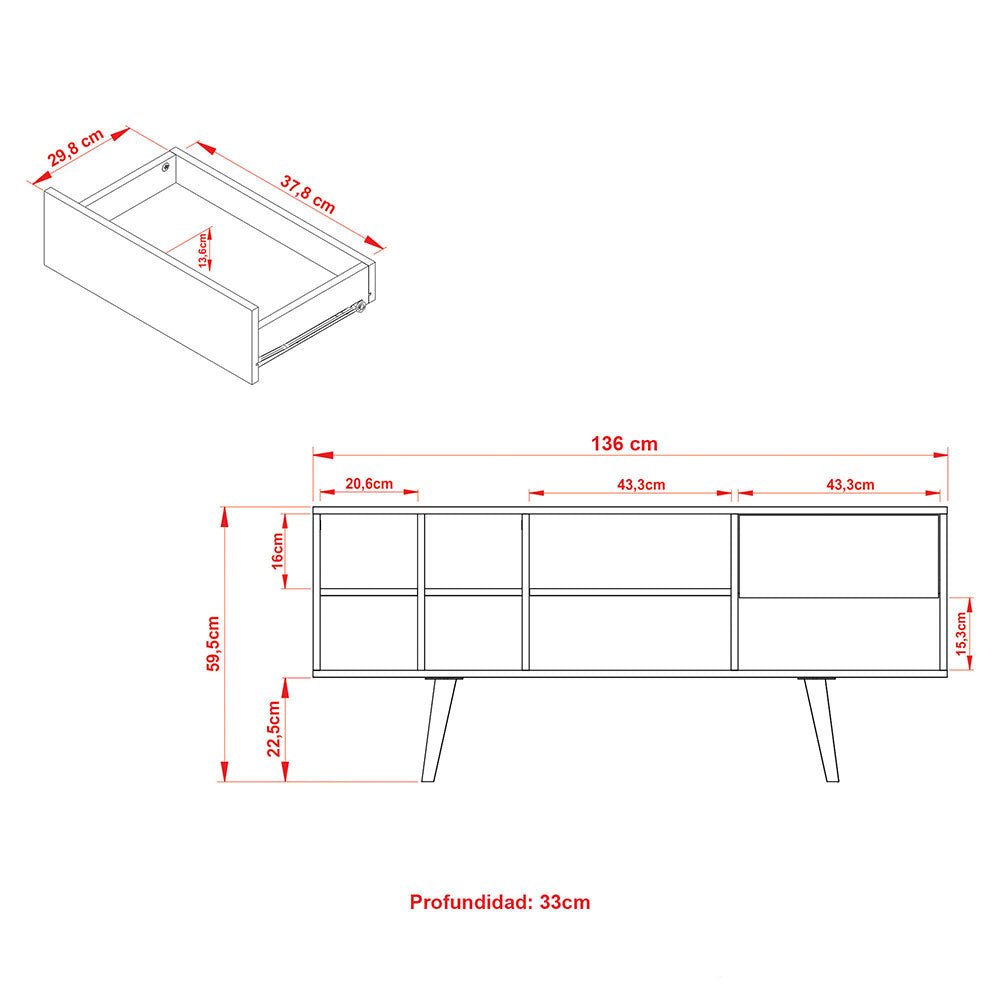 Rack de TV Chile Almendra y Negro 136x59.5cm para TV Hasta 55 Pulgadas con Ranuras para Cables y con Siete Compartimientos - Muebles para TV | Bylmo