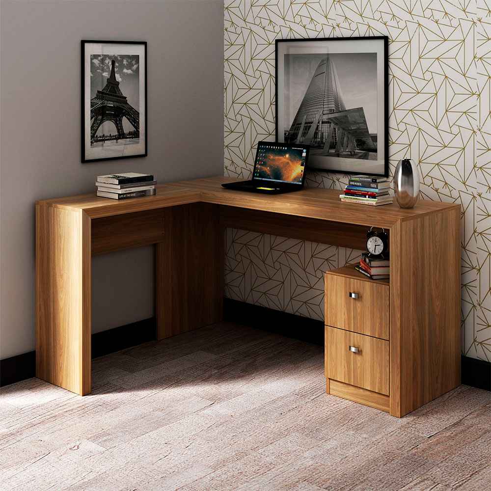 Escritorio en L Athenas Teca 135 cm con Cajones - Escritorios y Archivadores | Bylmo