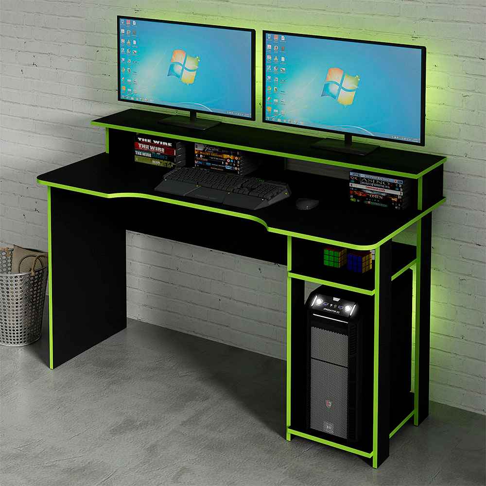 Escritorio Gamer Bolonia Negro y Verde 136x89.5cm sin Cajones - Escritorios y Archivadores | Bylmo