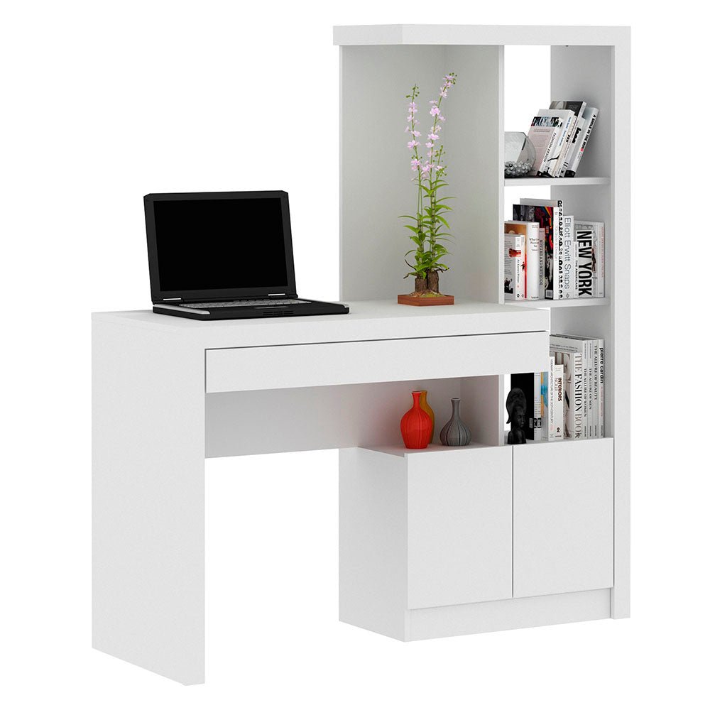 Escritorio Luis Blanco 122 cm con Biblioteca, Cajón y Puertas - Escritorios y Archivadores | Bylmo