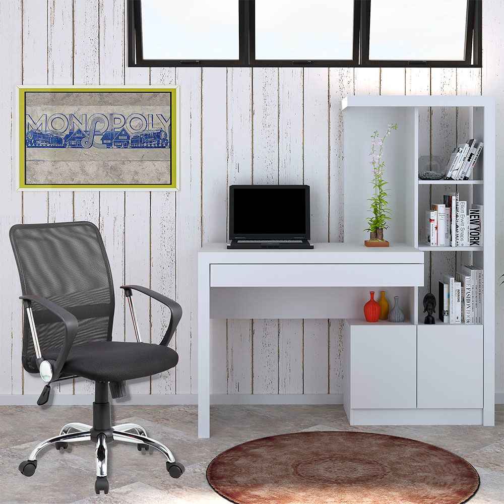 Escritorio Luis Blanco 122 cm con Biblioteca, Cajón y Puertas - Escritorios y Archivadores | Bylmo