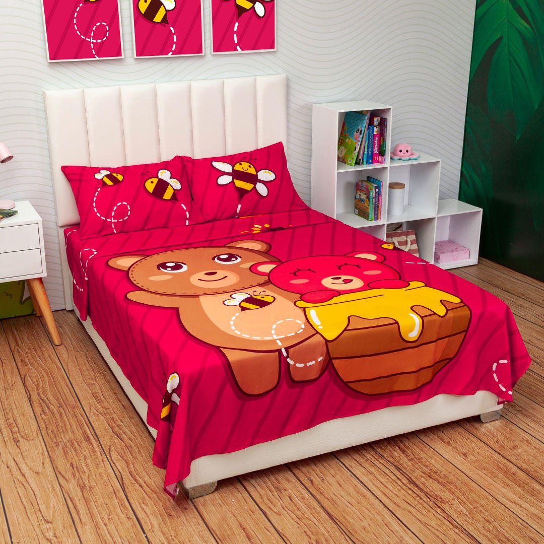Juego de Sabanas Infantil Microfibra Doble 140 cm Fucsia de Osos y Abejas - Ropa de Cama | Bylmo