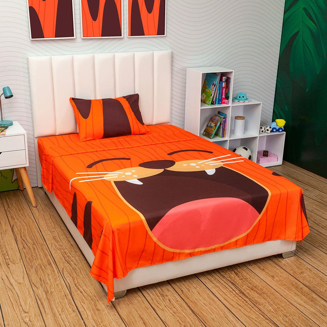 Juego de Sabanas Infantil Microfibra Sencilla 100 cm Naranja de Tigre - Ropa de Cama | Bylmo