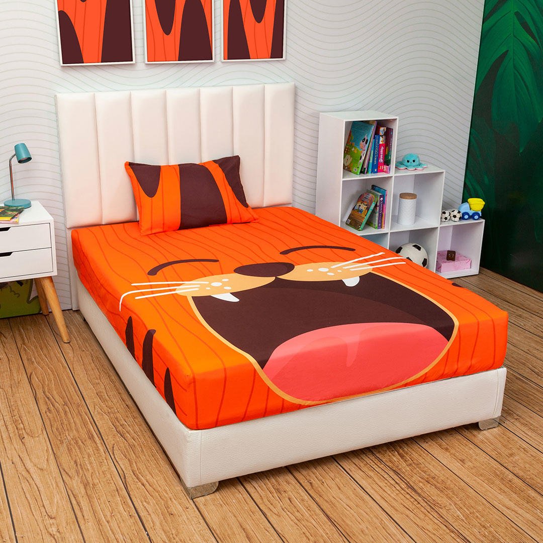Juego de Sabanas Infantil Microfibra Sencilla 100 cm Naranja de Tigre - Ropa de Cama | Bylmo