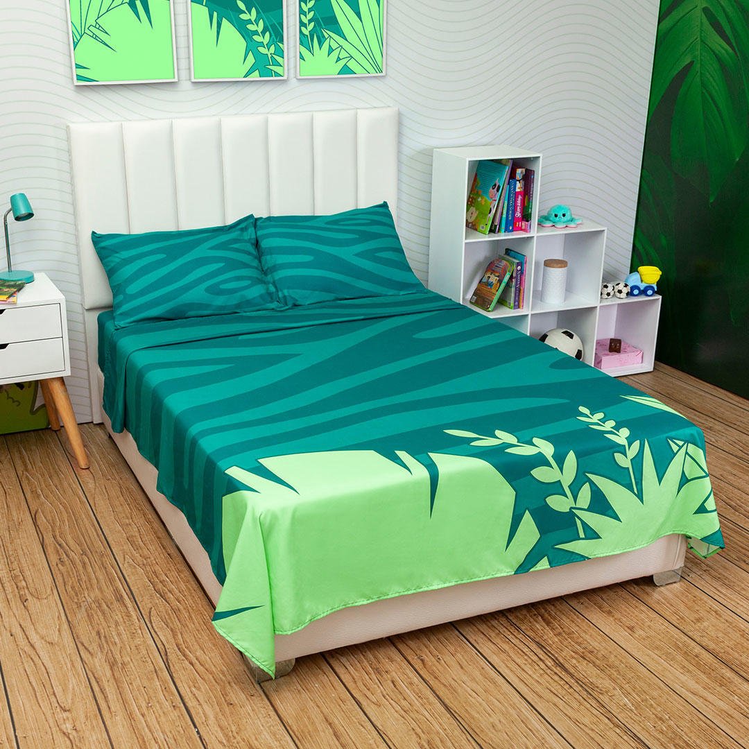 Juego de Sabanas Infantil Microfibra Doble 140 cm Verde con Ramas Verdes - Ropa de Cama | Bylmo