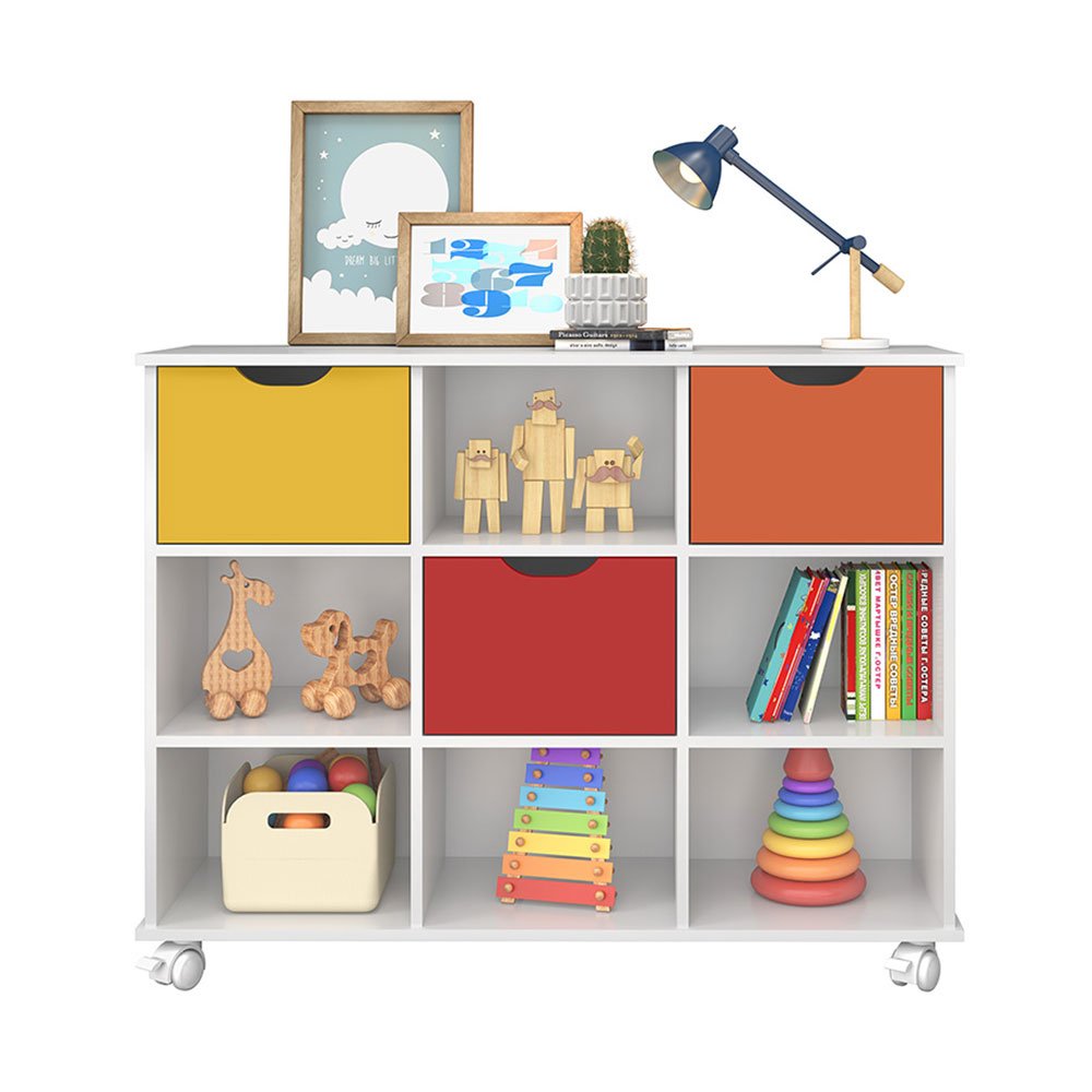 Arrimo con Kit de Tres Cajones Salvador Blanco y Multicolor 108x83cm con Nueve Compartimientos y con Ruedas - Repisas y Percheros | Bylmo