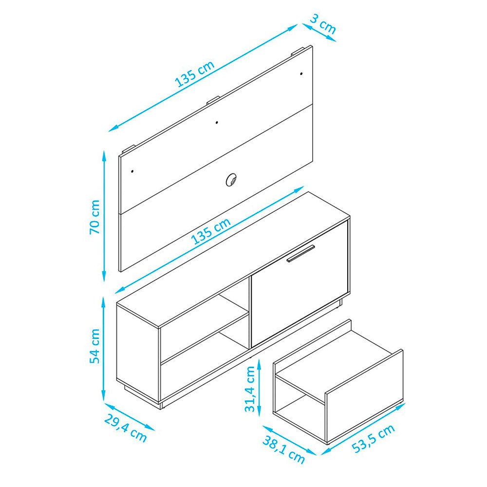 Combo Panel para TV, Mueble Auxiliar y Mesa de Centro Sidney Blanco 135 cm - Muebles para TV | Bylmo