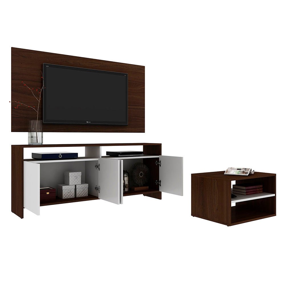 Combo Panel para TV, Mueble Auxiliar y Mesa de Centro Vancouver Cafe y Blanco 135 cm - Muebles para TV | Bylmo