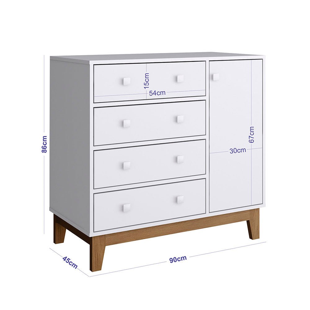 Cómoda Mariana Blanco 90 cm con Cuatro Cajones y Una Puerta - Cajoneras | Bylmo
