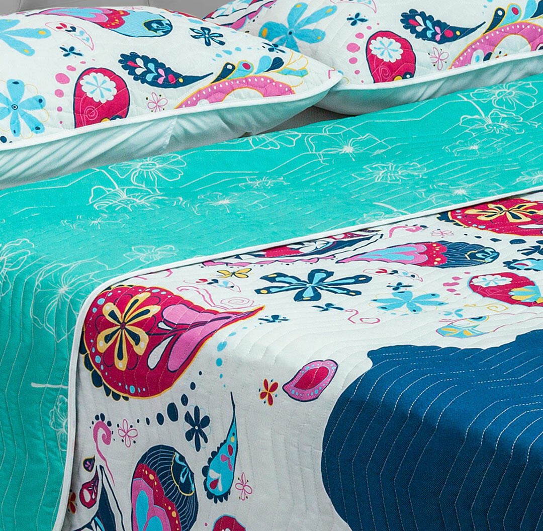 Cubrelecho Español Blanco y Azul para Cama Queen 160 X 190 Cm Doble Faz de Mandalas - Ropa de Cama | Bylmo
