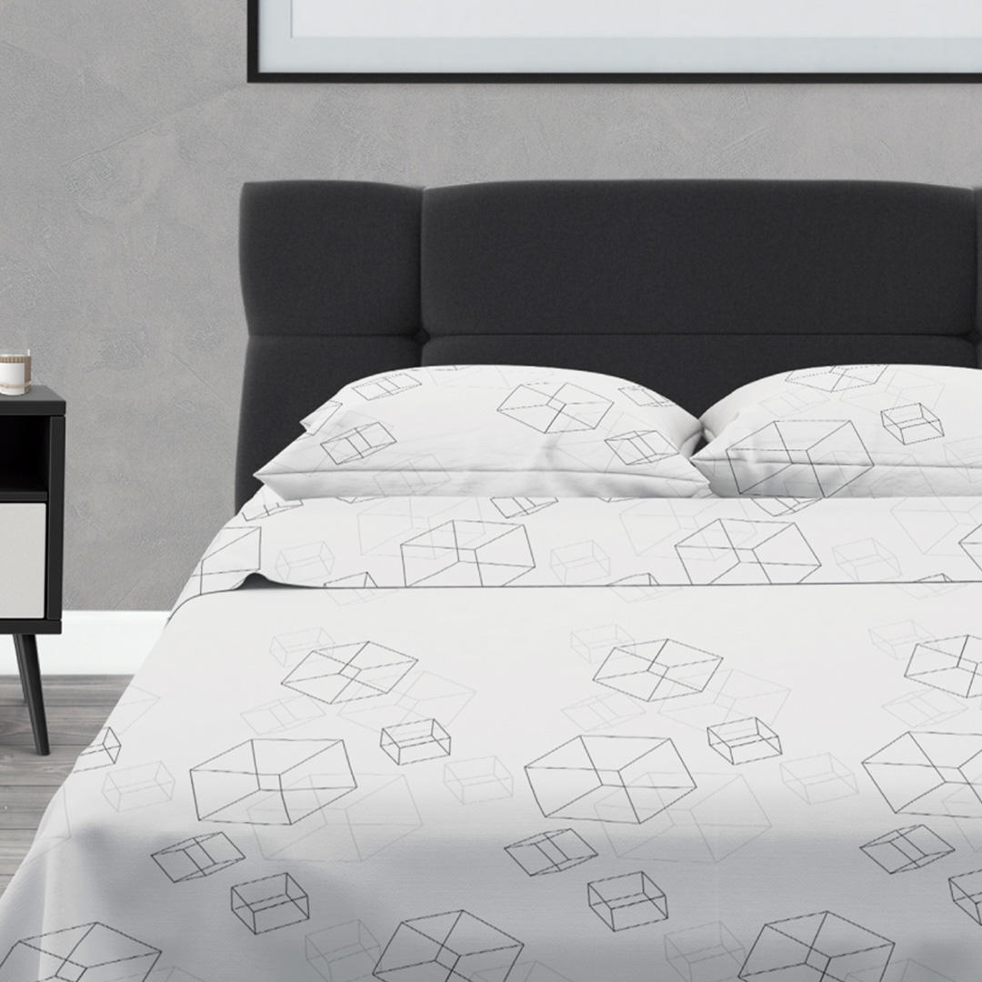 Juego de Sabanas Microfibra King 200 cm Blanco con Cubos Negros - Ropa de Cama | Bylmo