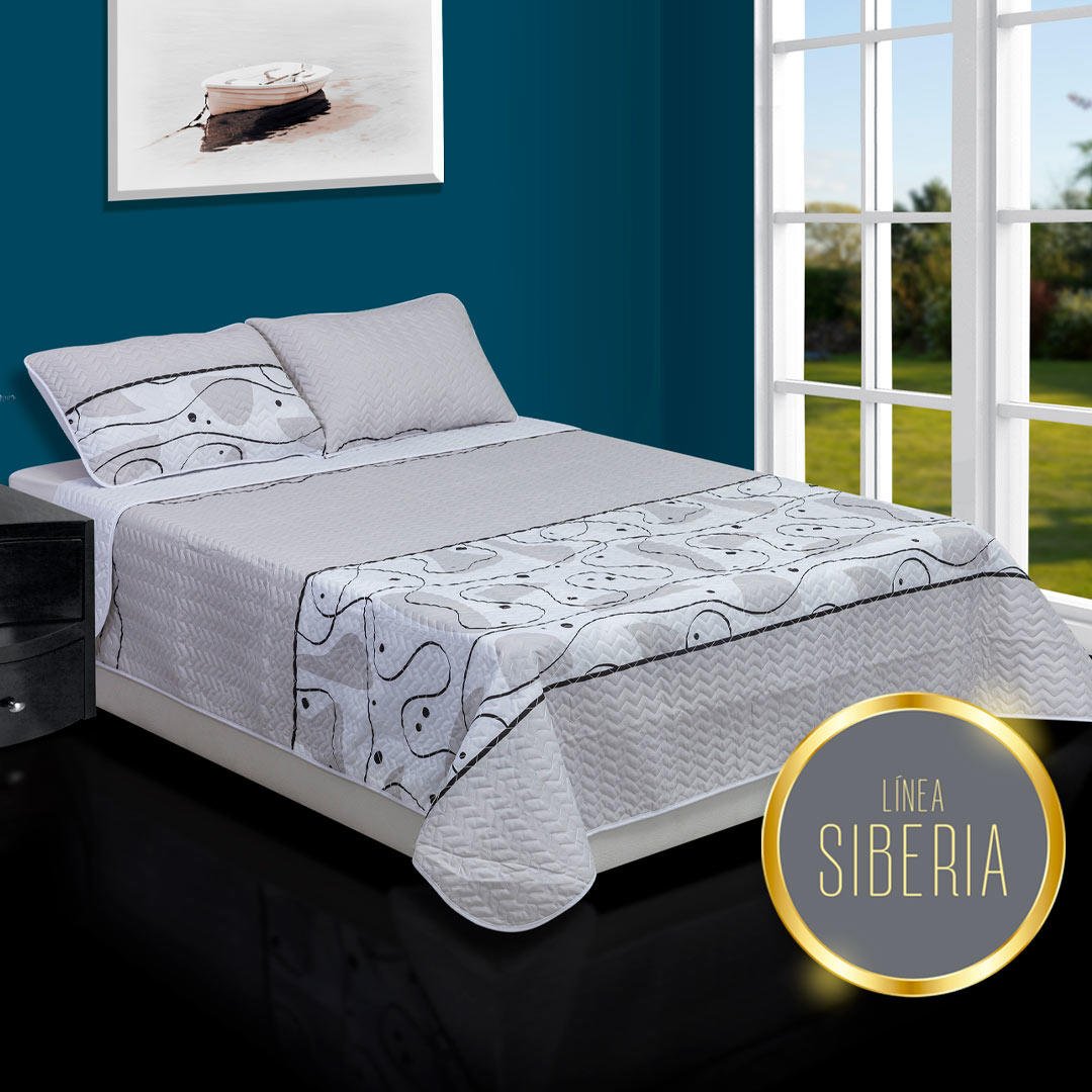 Cubrelecho Español Prensado Microfibra Doble 140 cm Gris con Figuras Grises y Blancas - Ropa de Cama | Bylmo
