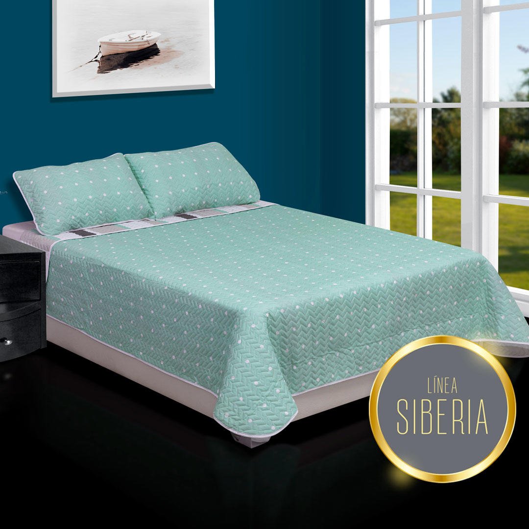 Cubrelecho Español Prensado Verde Menta para Cama Doble 140 X 190 Cm Doble Faz de Lineas Y Puntos - Ropa de Cama | Bylmo