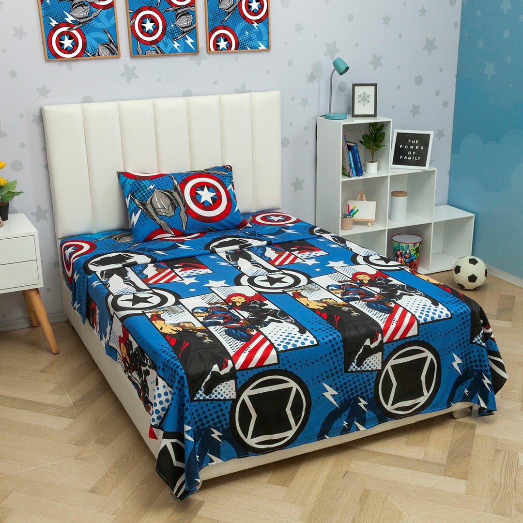 Juego de Sabanas Infantil Microfibra Sencilla 100 cm Azul de Avengers - Ropa de Cama | Bylmo
