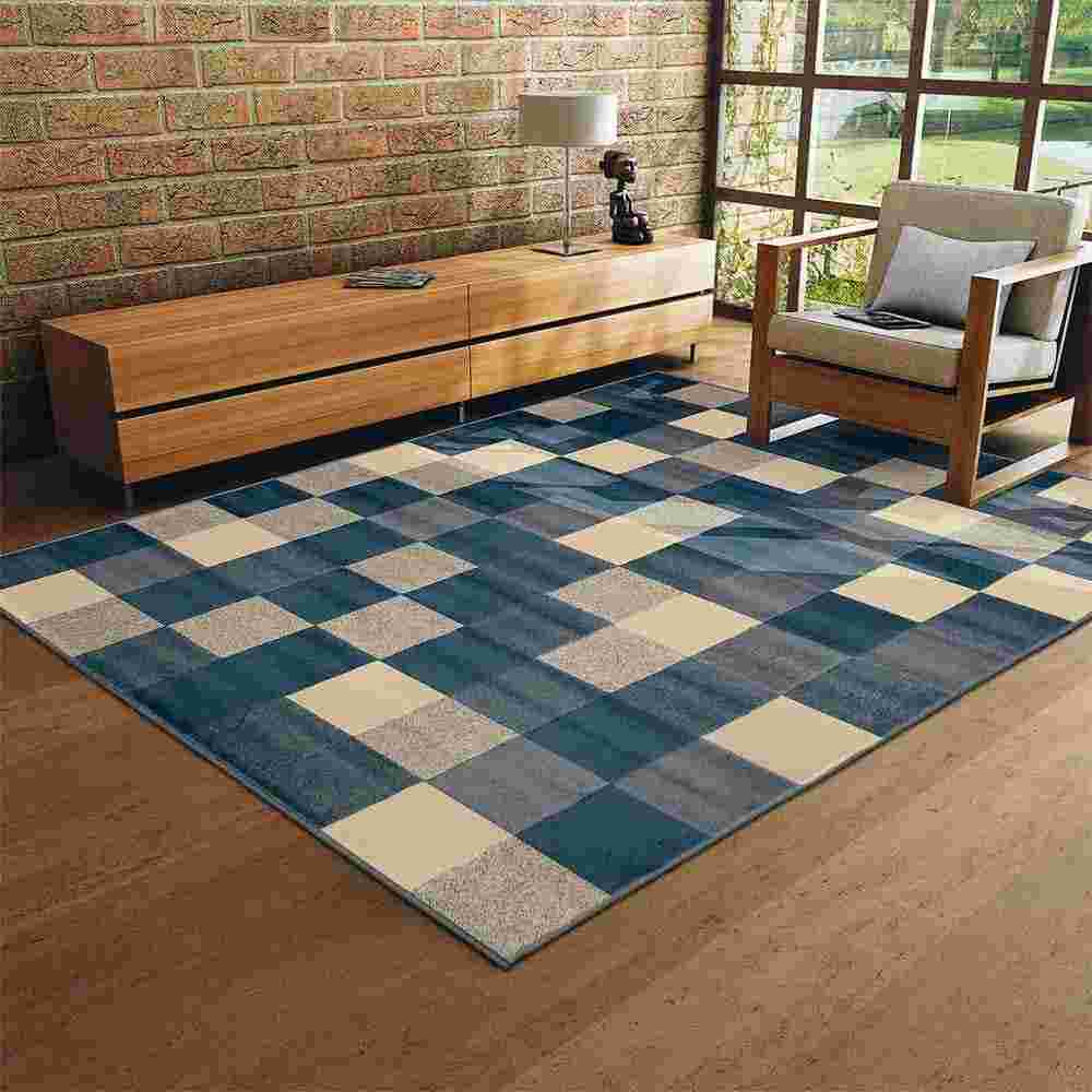 Alfombra Florida 150 cm x 200 cm de Hogar Azul Oscuro con Cuadros - Tapetes y Alfombras | Bylmo