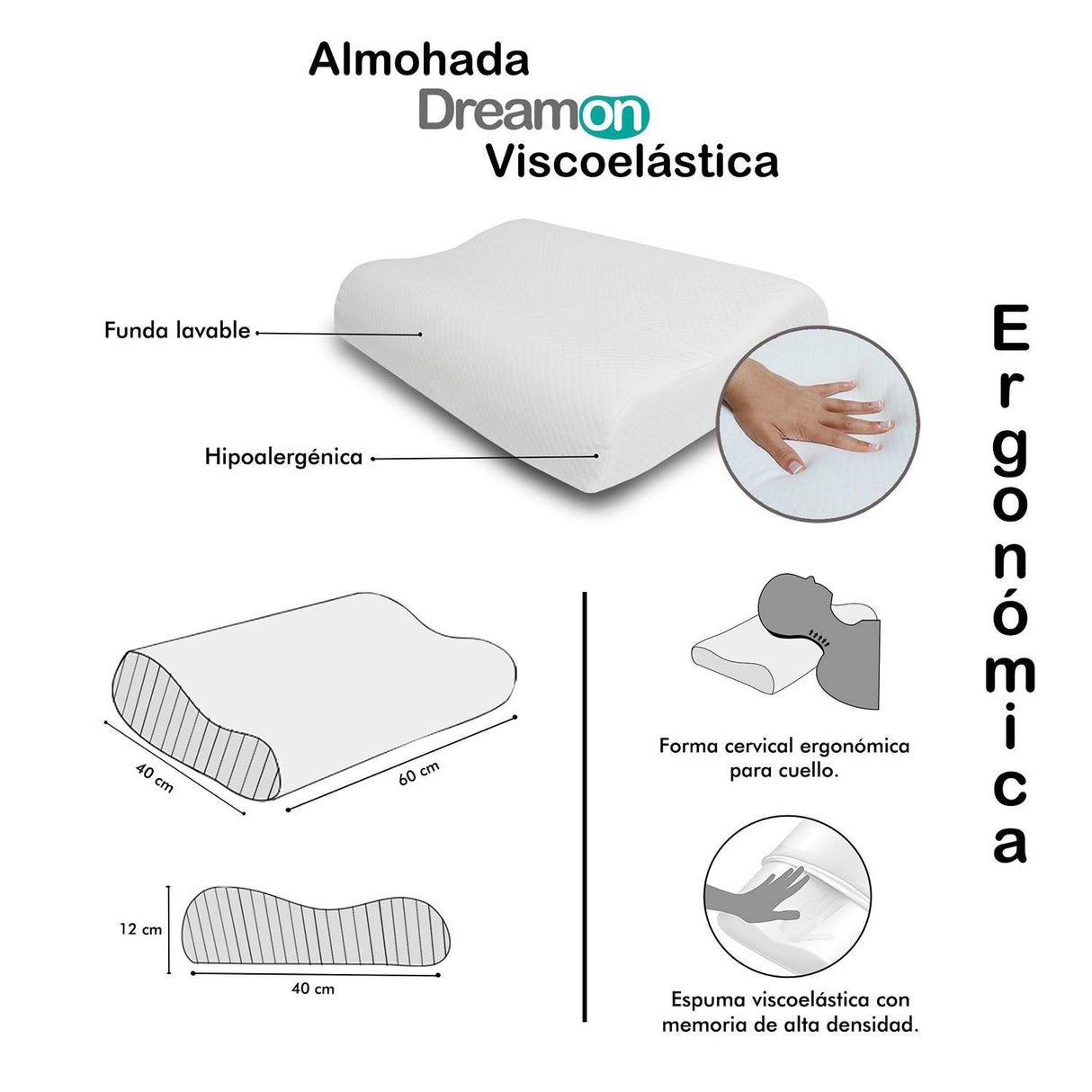 Almohada DreamOn Espuma viscoelástica Blanca 60 cm Ergonómica - Almohadas | Bylmo