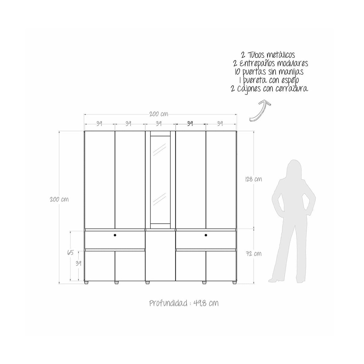 Closet Branco Duna 200x199.9cm con 2 Cajones con 2 Entrepaños con Espejo - Closets | Bylmo