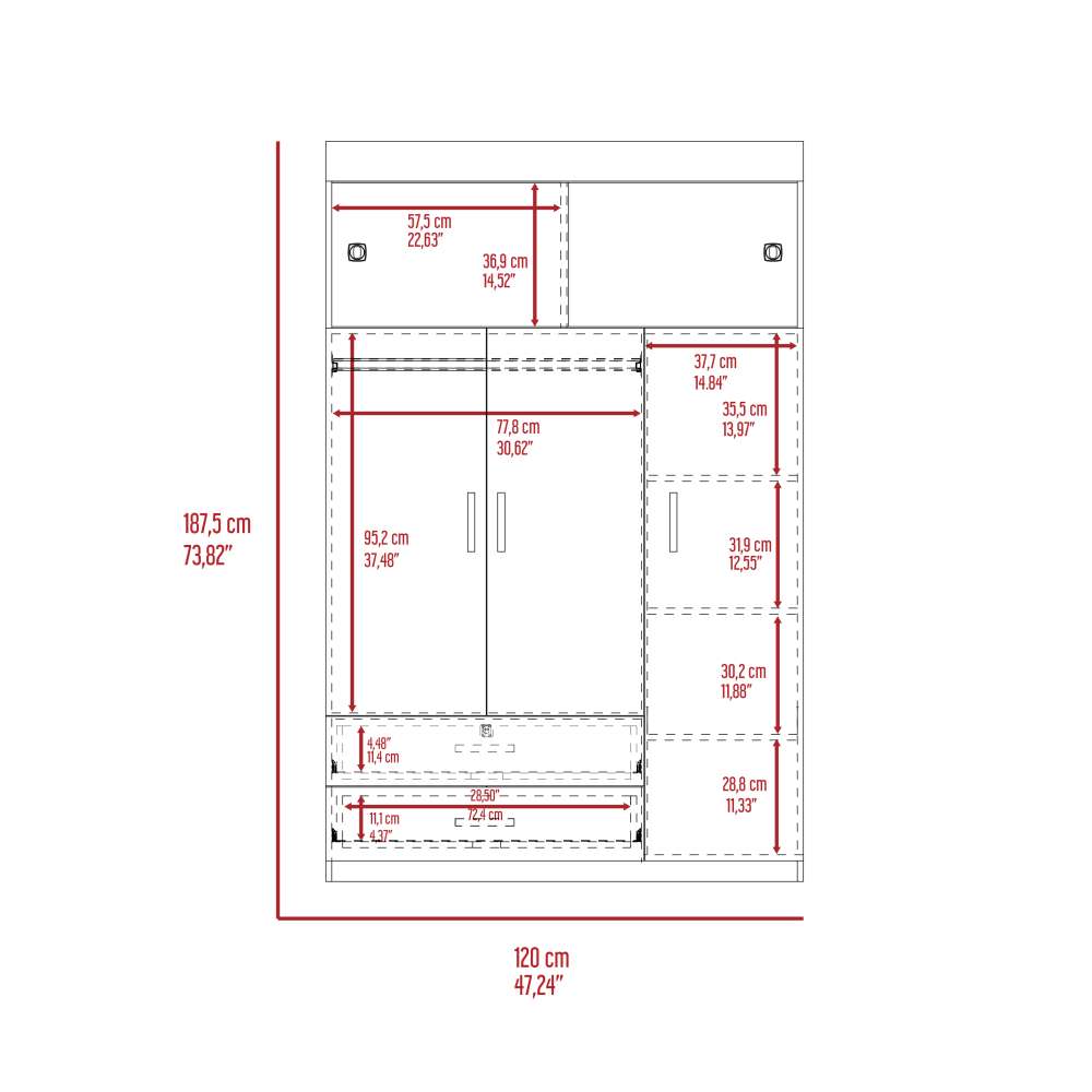 Closet Mobil Blanco 120x187.5cm con 3 Cajones con 3 Entrepaños - Closets | Bylmo