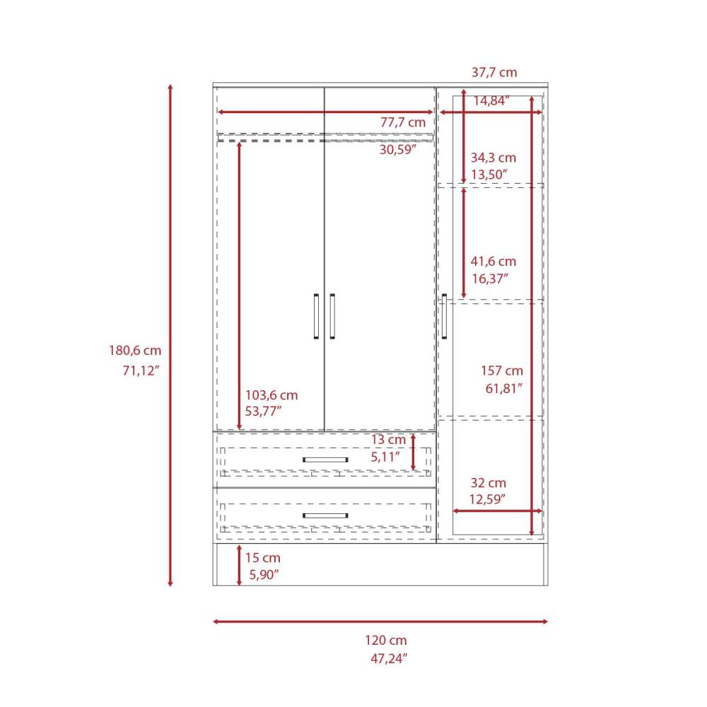 Closet Bolton Ceniza 160 cm con Espejos, Cuatro Puertas y Dos Cajones - Closets | Bylmo