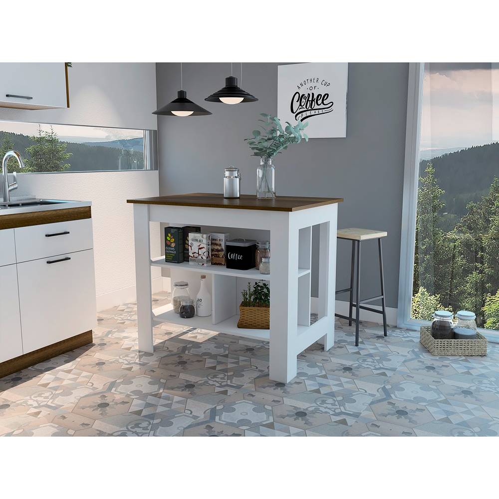 Mueble Auxiliar de Cocina Cala Blanco y Caramelo 103x90cm con Dos Entrepaños y con Tres Comportamientos - Cocinas | Bylmo
