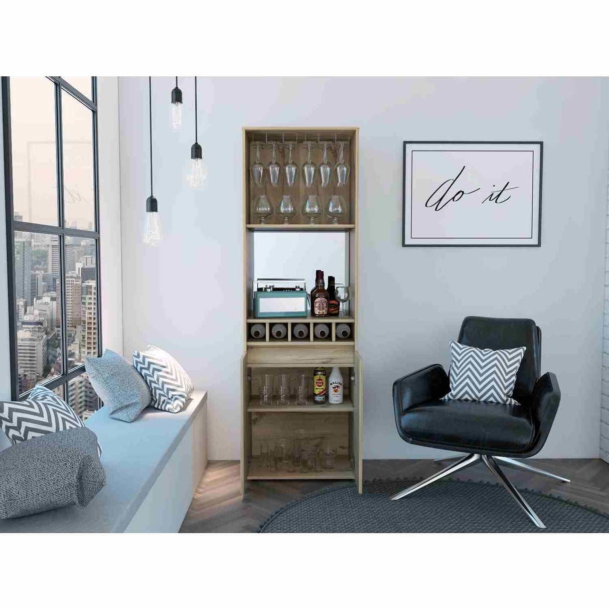 Bar Alto Prana Duna 58 cm con Entrepaño, Puerta y Colgador de Copas - Bares | Bylmo