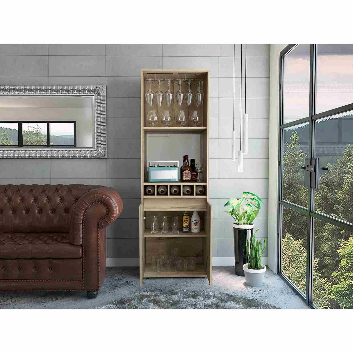 Bar Alto Prana Duna 58 cm con Entrepaño, Puerta y Colgador de Copas - Bares | Bylmo