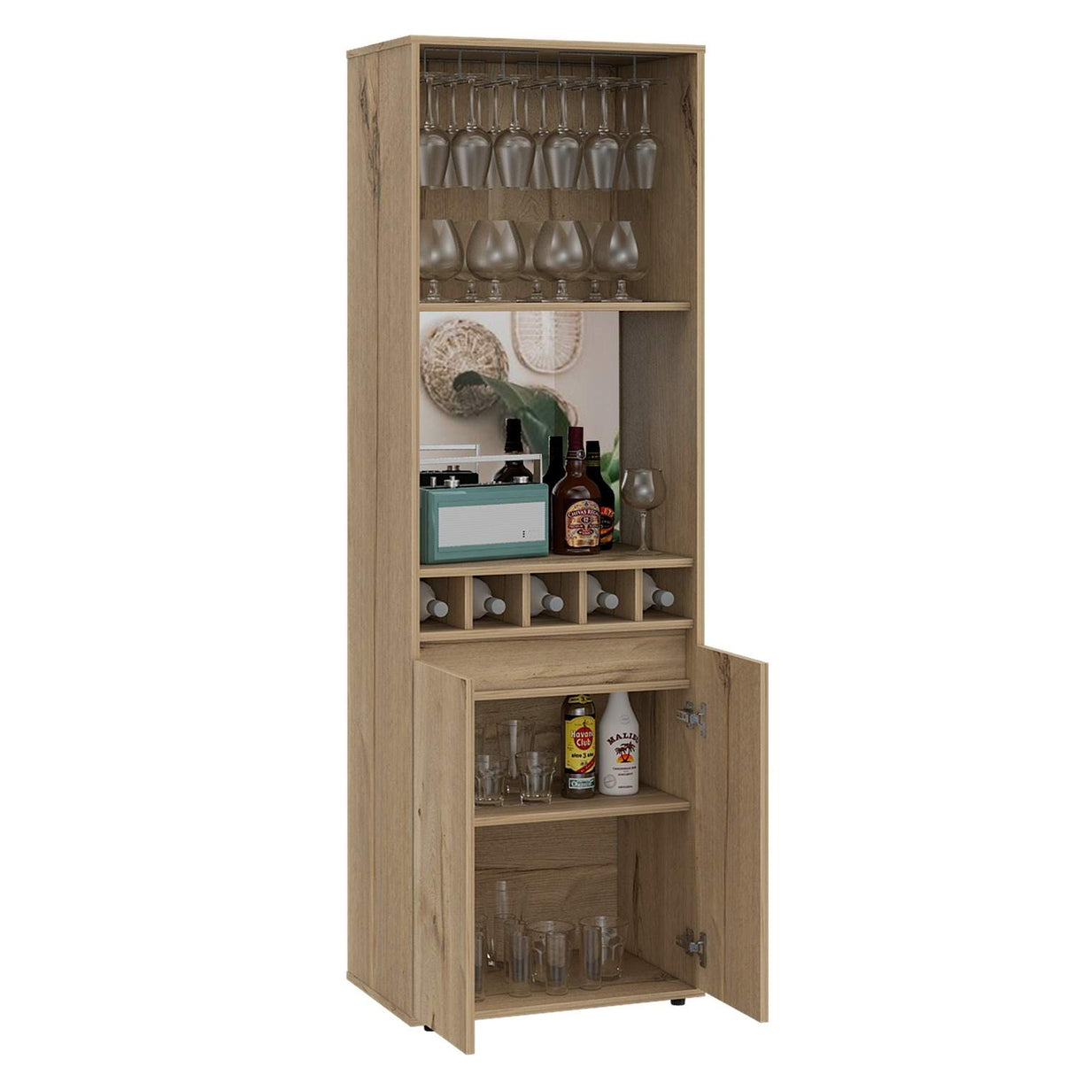 Bar Alto Prana Duna 58 cm con Entrepaño, Puerta y Colgador de Copas - Bares | Bylmo