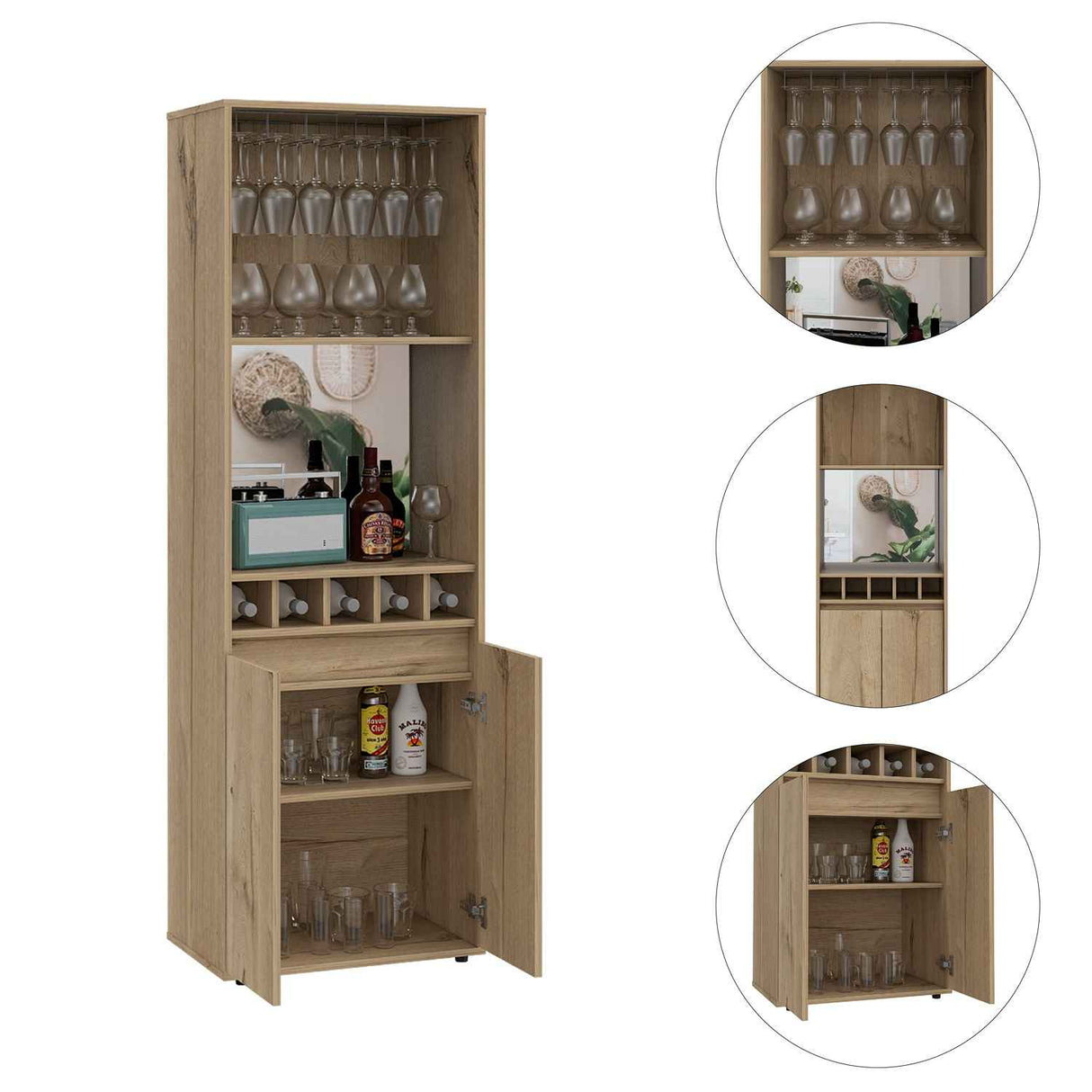 Bar Alto Prana Duna 58 cm con Entrepaño, Puerta y Colgador de Copas - Bares | Bylmo
