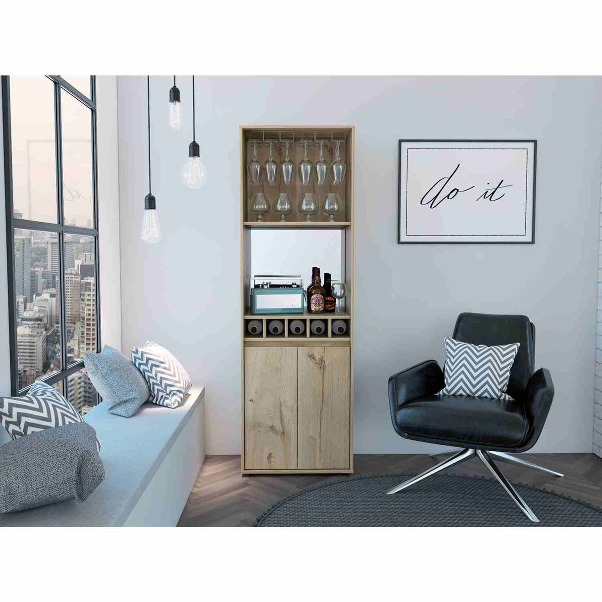 Bar Alto Prana Duna 58 cm con Entrepaño, Puerta y Colgador de Copas - Bares | Bylmo