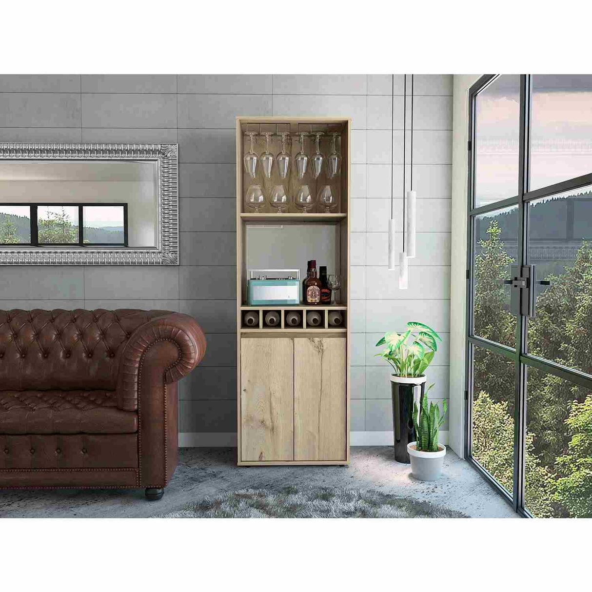 Bar Alto Prana Duna 58 cm con Entrepaño, Puerta y Colgador de Copas - Bares | Bylmo