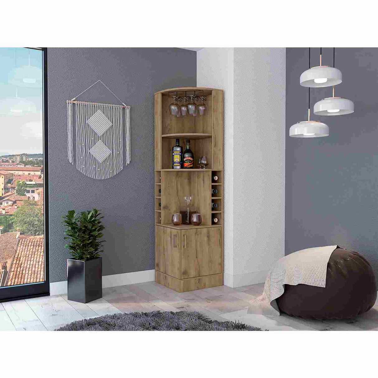 Bar Esquinero Syrah Macadamia 47x181cm con Un Cajón y con Ocho Portabotellas - Bares | Bylmo