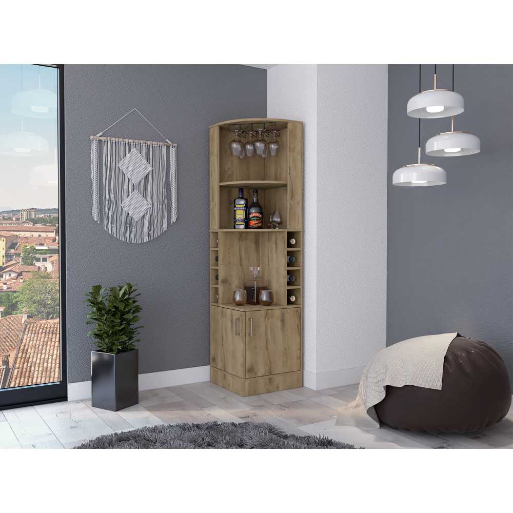Bar Esquinero Esquinero Syrah Macadamia 46.9x180.6cm con Un Cajón y con Ocho Portabotellas - Bares | Bylmo