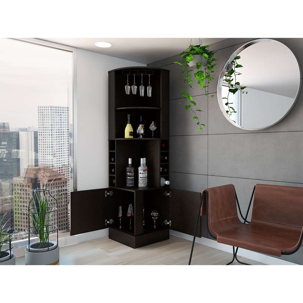 Bar Esquinero Syrah Wengue 46.9x180.6cm con Un Cajón y con Ocho Portabotellas - Bares | Bylmo