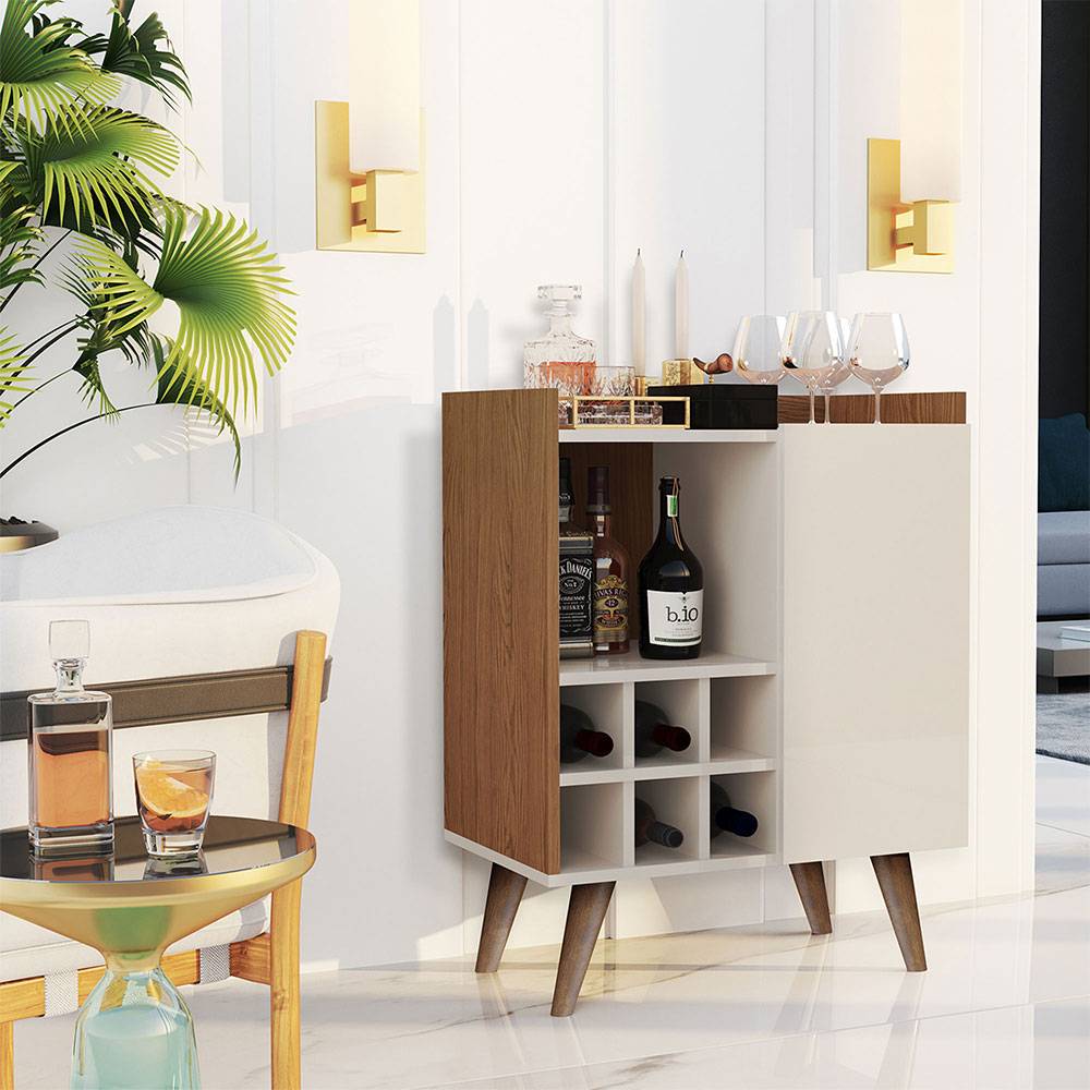 Bar Manhattan Blanco Apagado 60x78.5cm con Dos Compartimientos y con Seis Portabotellas - Bares | Bylmo