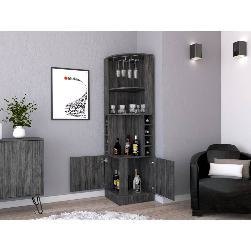 Bar Esquinero Esquinero Syrah Roble Gris 46.9x180.6cm con Un Cajón y con Ocho Portabotellas - Bares | Bylmo