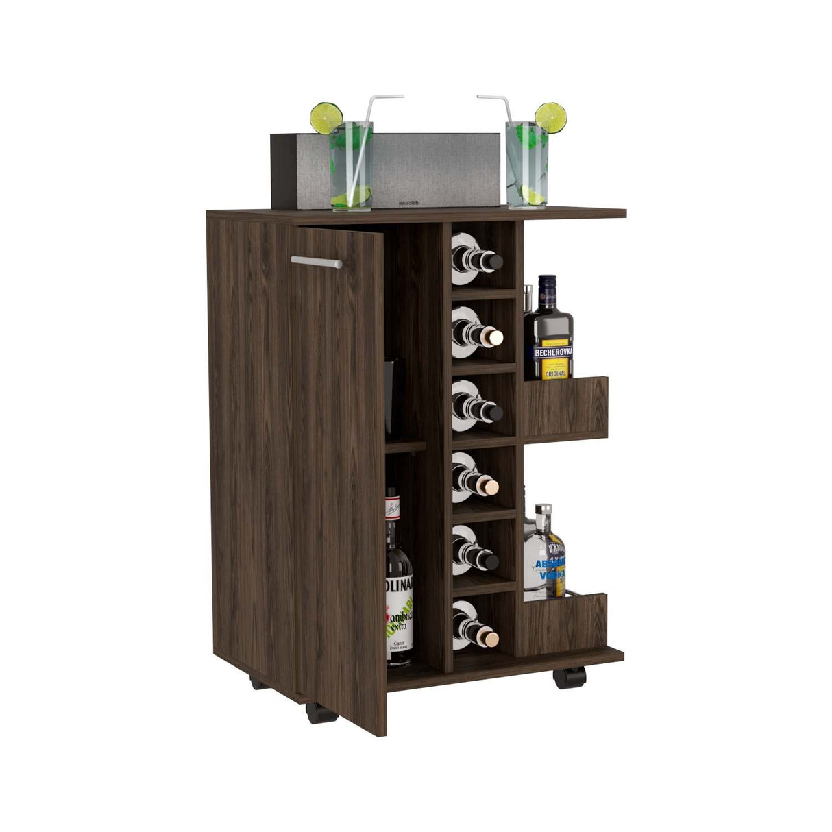 Bar Carro Coñac 60x82cm con Cuatro Compartimientos y con Seis Portabotellas - Barras y Muebles Auxiliares | Bylmo
