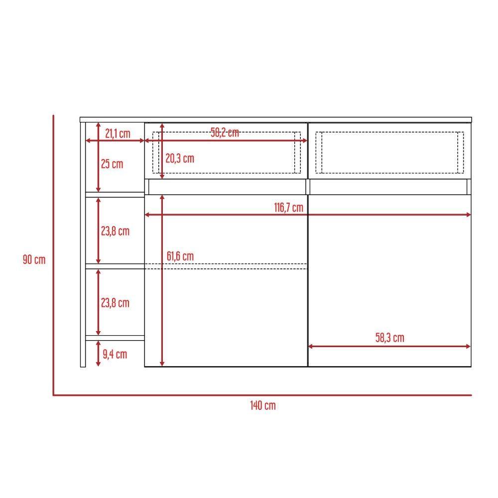 Barra de Cocina Bari Rovere y Blanco 140 cm con Dos Puertas y Dos Cajones - Muebles Organizadores | Bylmo
