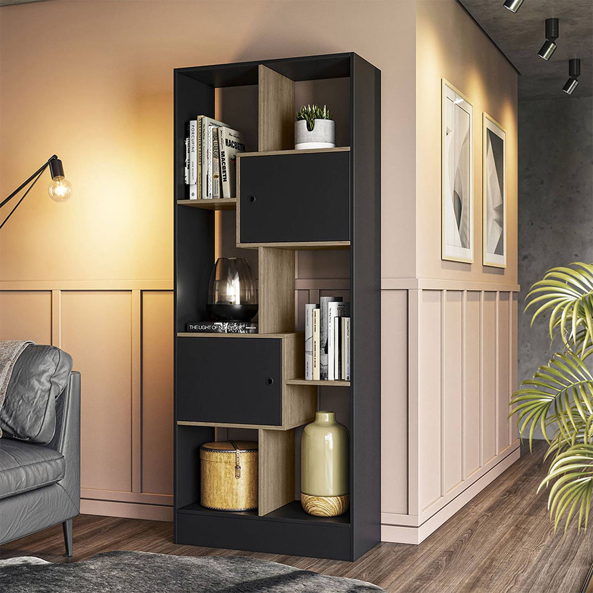 Biblioteca Arica Miel y Negro 73 cm con Dos Puertas - Bibliotecas y Estanterias | Bylmo