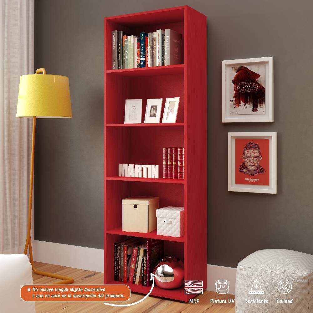 Biblioteca Multy Rojo 60x180cm con Cinco Compartimientos - Bibliotecas | Bylmo