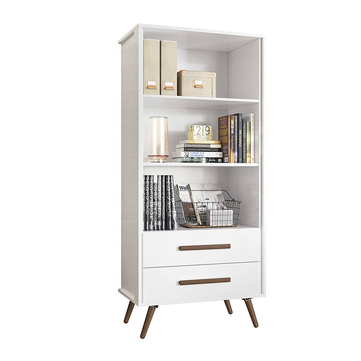 Biblioteca Ovalle Blanco 64x144.4cm con Tres Compartimientos y con Dos Cajones - Bibliotecas y Estanterias | Bylmo