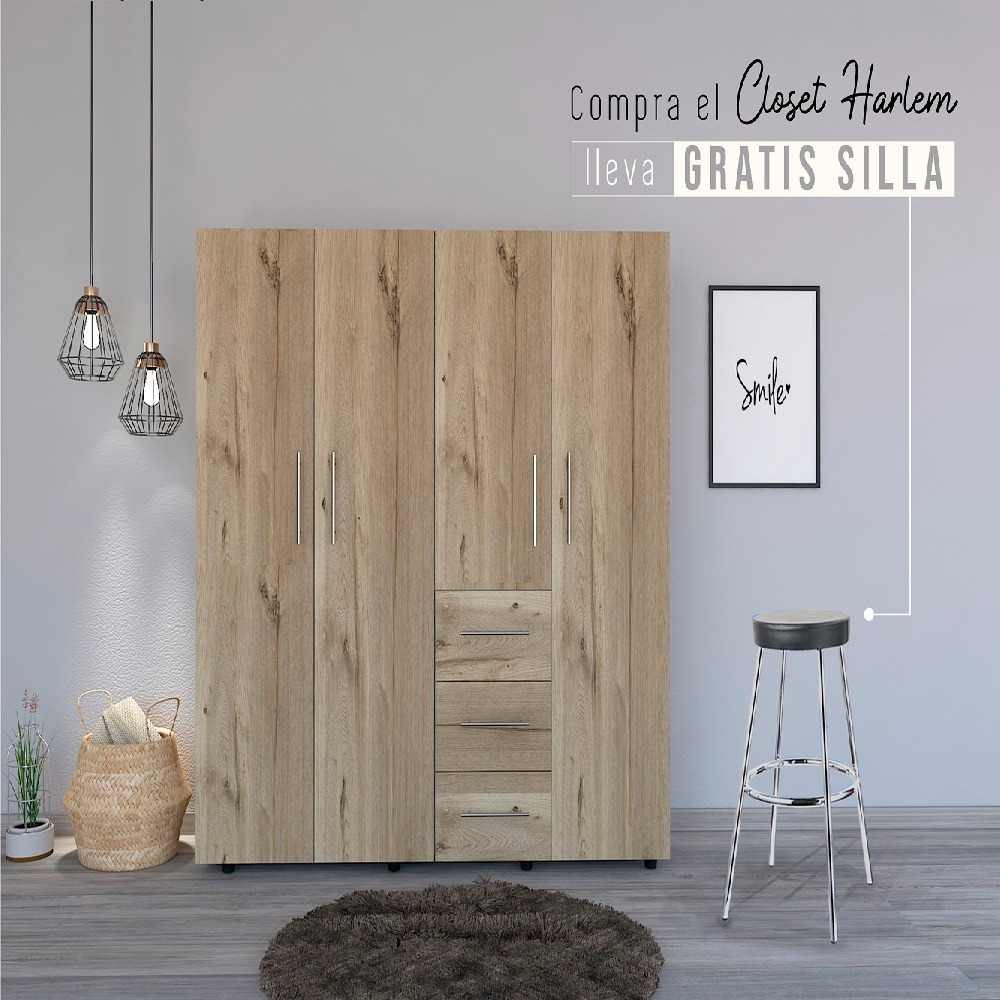 Combo Closet y Silla Bar Harlem Duna 180 cm con Cuatro Puertas y Tres Cajones - Closets | Bylmo