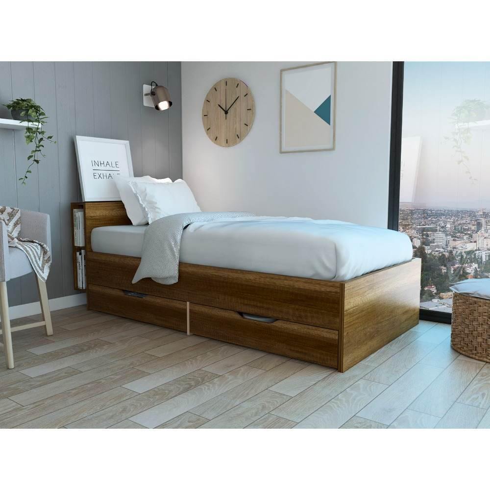 Cama Taipei Sencilla 100 cm Caramelo con Dos Cajones y Entrepaños - Camas | Bylmo