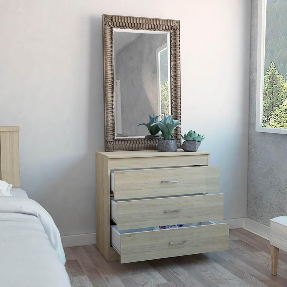 Cómoda Melia Rovere y Blanco 80x75cm De Tres Hileras con Tres Cajones y con Espacio para TV - Cajoneras | Bylmo
