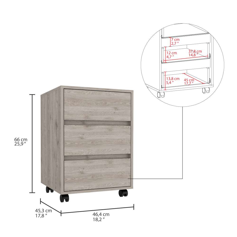 Cajonera Office Ceniza 46 cm con Tres Cajones y Rodachinas - Cajoneras | Bylmo