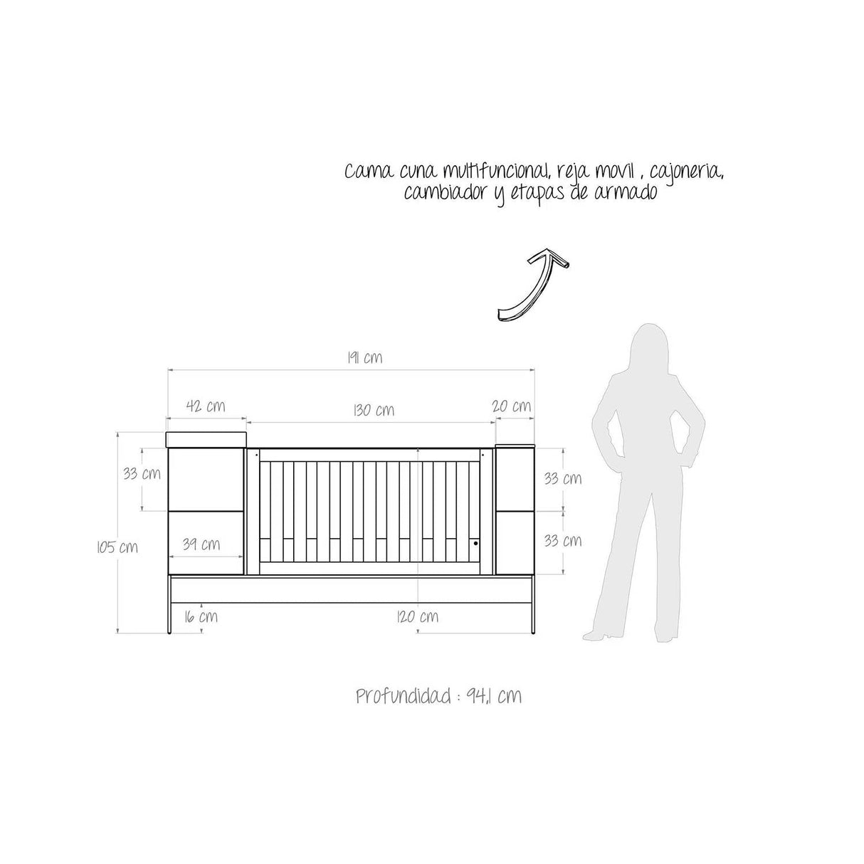 Cama Cuna Crece Contigo Blanco y Duna 94.1x104.5cm para Colchón Infantil 70 X 190 Cm con Cabecero - Camas y Cabeceros | Bylmo