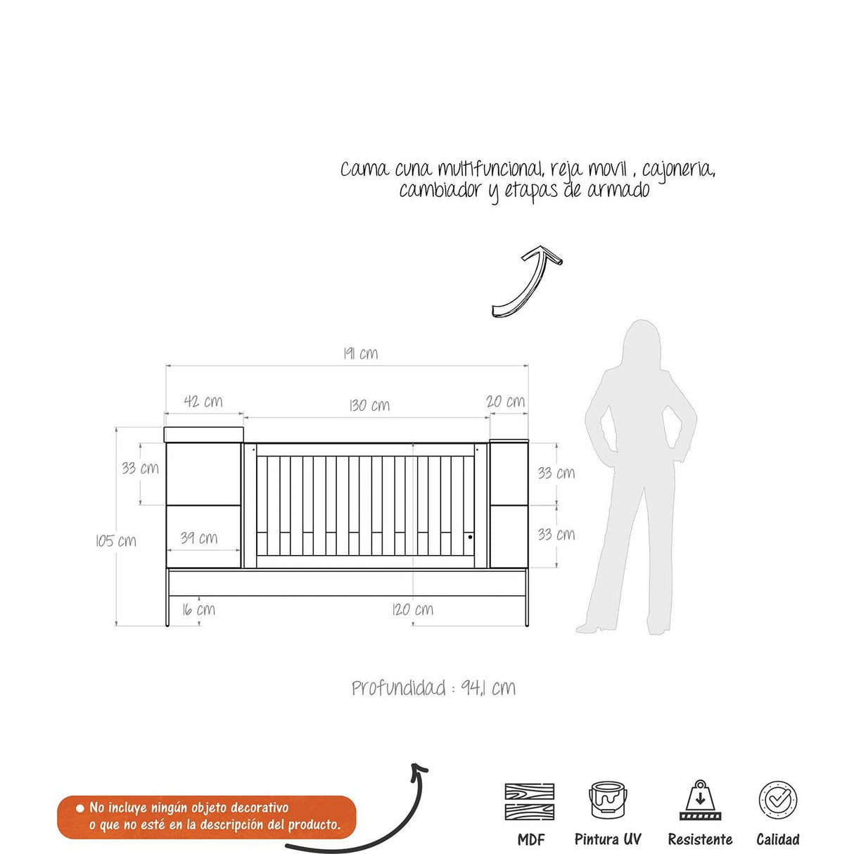 Cama Cuna Crece Contigo Blanco y Duna 94.1x104.5cm para Colchón Infantil 70 X 190 Cm con Cabecero - Camas y Cabeceros | Bylmo