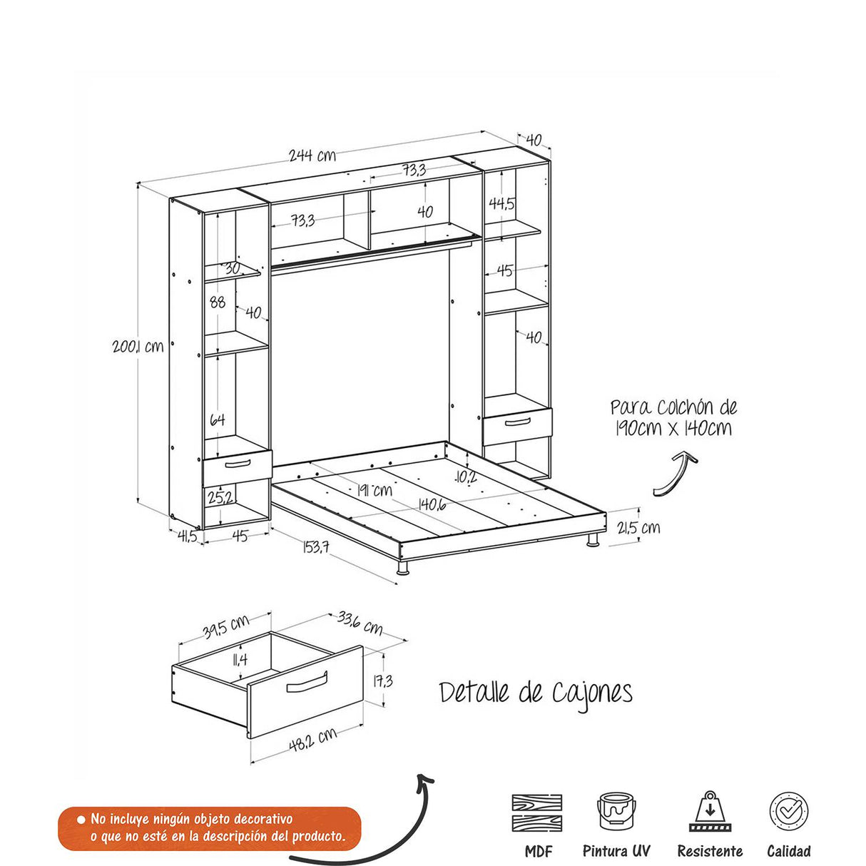 Combo Cama y Closet y Mesa de Noche Versa Duna 254x200cm para Colchón Doble 140 X 190 Cm - Camas y Cabeceros | Bylmo