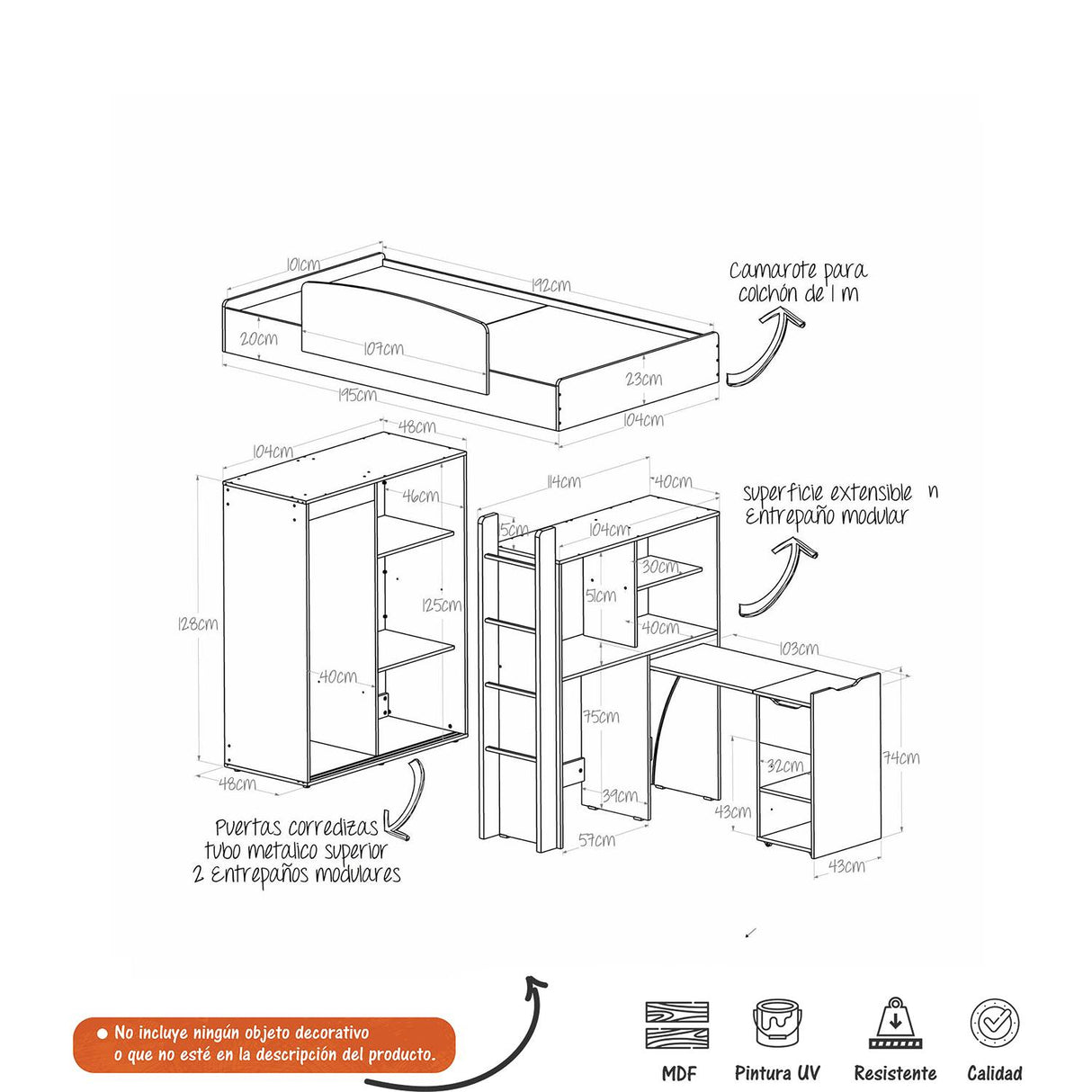 Camarote Multifuncional Con Closet Repisa Y Escritorio Extensible - Duna - Camas y Cabeceros | Bylmo